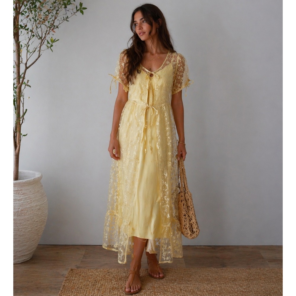 Anthropologie XS Canary Yellow Sheer Floral Maxi Dress Women New Tie Front Boho - Picture 1 of 9